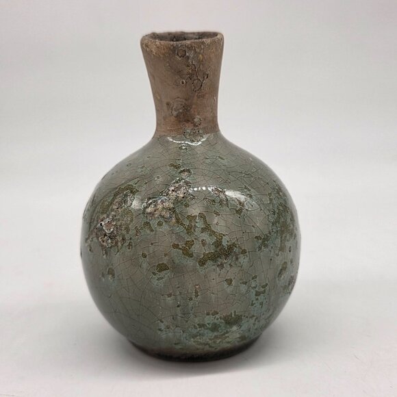 Vintage Small Brutalist Ceramic Vase Crackle Glaze & Rustic Green Brown 4.5" - Picture 5 of 7